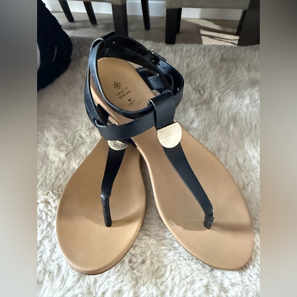 Call it Spring Black and Tan Sandals with Gold Accents